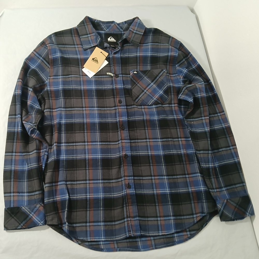 Quiksilver Men's Black and Blue Plaid Shirt
